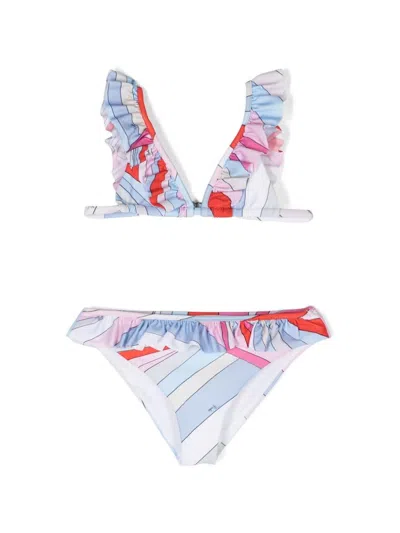 Pucci Kids' Printed Ruffled Lycra Bikini Set In Ivory,multi