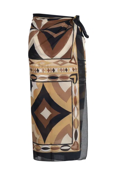 Pucci Black And Gold Printed Cotton Sarong In Multi