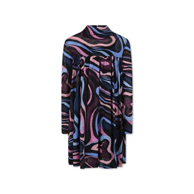 Pucci Kids' Black Dress For Girl With Marble Print In Multicolor