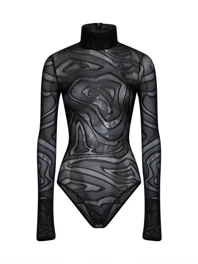 Pucci Black Labirinto-pattern Jacquard Tulle Bodysuit