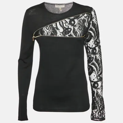 Pre-owned Pucci Black Lace And Wool Knit Asymmetric Zipped Top L