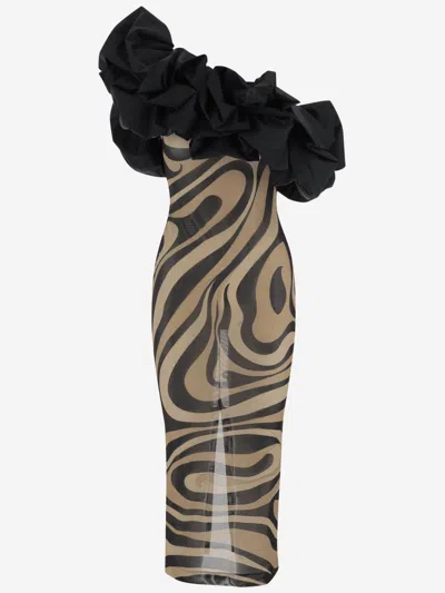 Pucci Black One Shoulder Dress In Brown