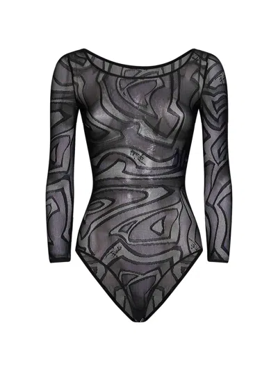 Pucci Black Stretch Tulle Bodysuit With Labirinto Pattern In Gray