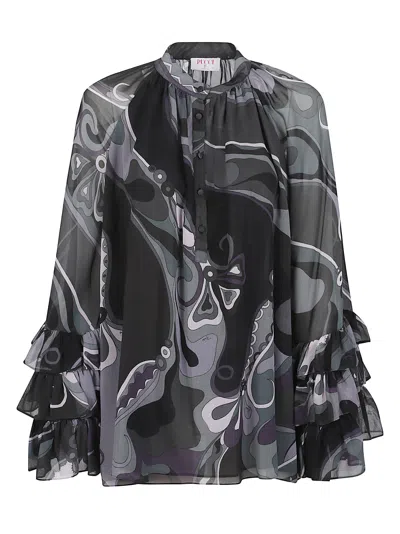 Pucci Sheer Blouse Ruffled Sleeves In Black