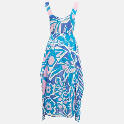 Pre-owned Pucci Blue Printed Cotton Asymmetric Hem Midi Dress M