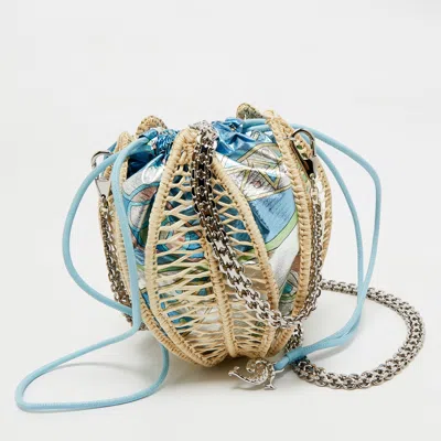 Pre-owned Pucci Blue/cream Printed Satin And Wicker Chain Bucket Bag