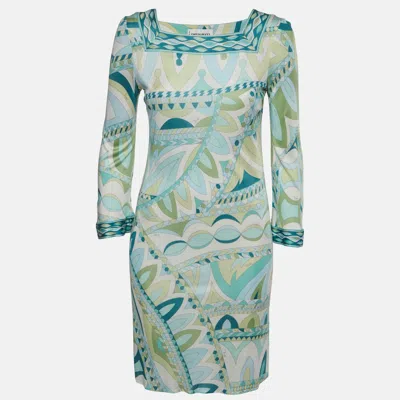 Pre-owned Pucci Blue/green Geometric Print Jersey Mini Dress M