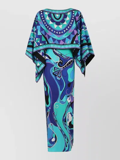 Pucci Geometric-print Cape-overlay Maxi Dress In Blue