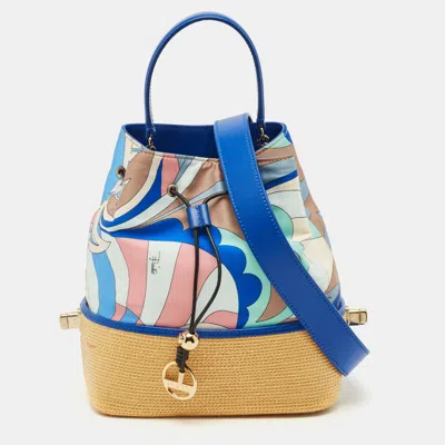 Pre-owned Pucci Bonita Multicolor Printed Satin And Woven Straw Bucket Bag