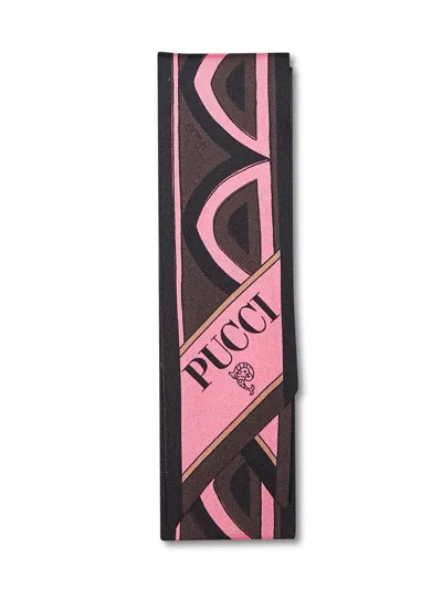 Pucci Brown And Coral Baiadera And Fiamme-prints Silk Twill Bandeau Scarf In Transparent