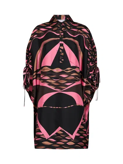 Pucci Brown And Coral Dune-print Silk Twill Mini Caftan Dress In Multi
