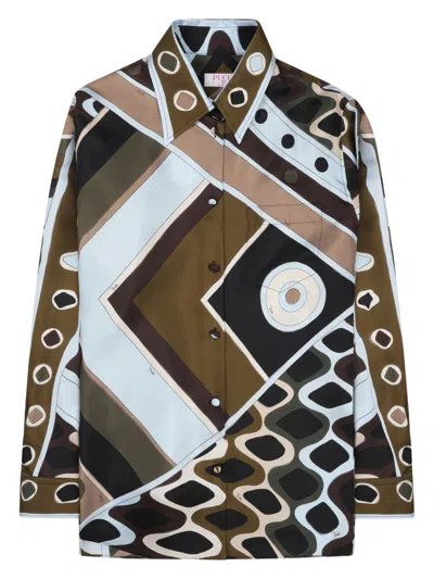 Pucci Brown Geometric Pattern Silk Shirt In Multi