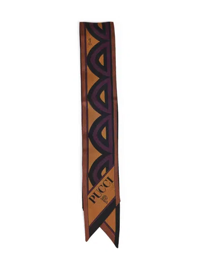 Pucci Burgundy And Gold Baiadera And Labirinto-prints Silk Twill Bandeau Scarf In Brown