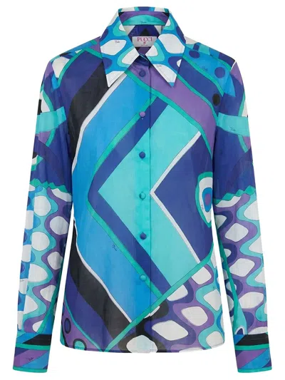 Pucci Cotton Shirt Vivara Print In Blue