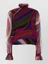 Pucci Canvas Blouse Sheer Long Sleeves Keyhole In Multi