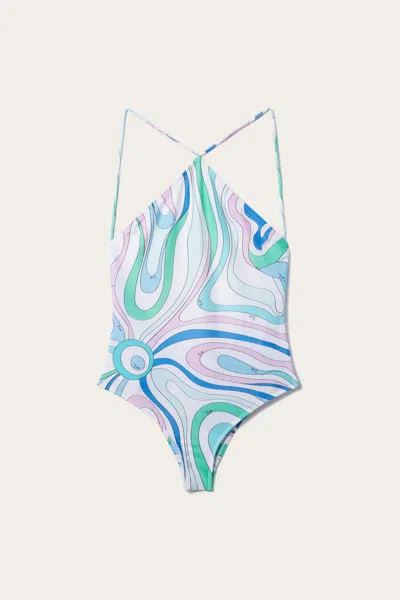 Pucci Celeste/blanco One Piece Swimsuit Marmo Print In Multi