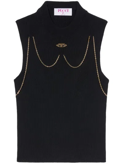 Pucci Chain-embellished Rib-knit Top In Black