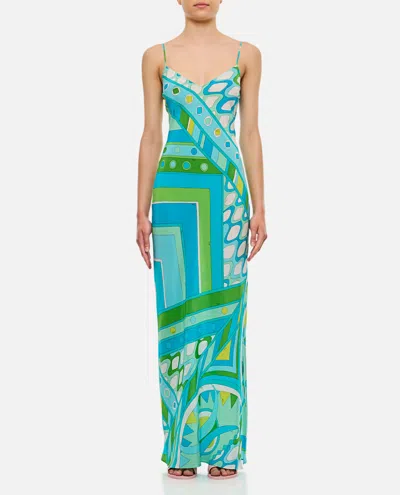 Pucci Crepe De Chine Long Dress In Clear Blue