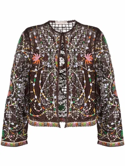 Pucci Embellished Open-knit Cardigan In Brown