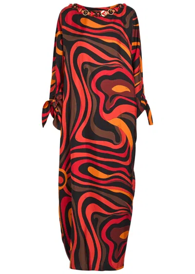 Pucci Embellished Printed Silk-twill Maxi Kaftan In Orange