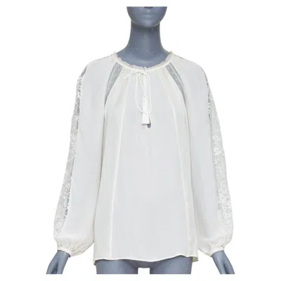 Pre-owned Pucci Emilio  100% Silk Ivory Lace Trim Puff Sleeves Boho Peasant Blouse It40 S In White