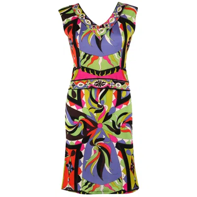 Pre-owned Pucci Emilio  1960s 2pc Multicolor Signature Print Silk V-neck Top Skirt Dress In Brown