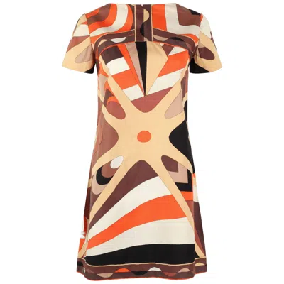 Pre-owned Pucci Emilio  1960s Brown Op Art Signature Print Short Sleeve Shift Dress Size 10
