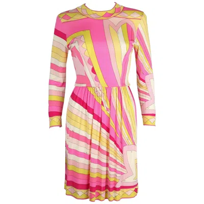 Pre-owned Pucci Emilio  1960s Pink Yellow Sunburst Signature Print Silk Jersey Dress Sz 10
