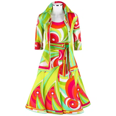 Pre-owned Pucci Emilio  1970s 3 Piece Multicolor Signature Print Halter Top Shirt Skirt Set In Green