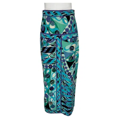 Pre-owned Pucci Emilio  1970s Vivara In Blue Cotton Twill Print Yoke Hip Maxi Skirt 10