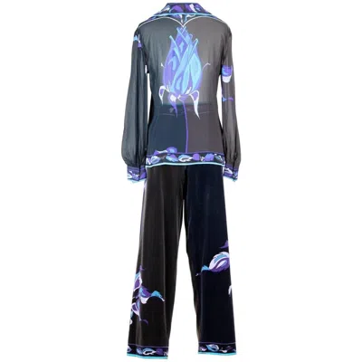 Pre-owned Pucci Emilio  1971 “rosa“ Print Black Brown Blue Silk Blouse & Velvet Pants Set
