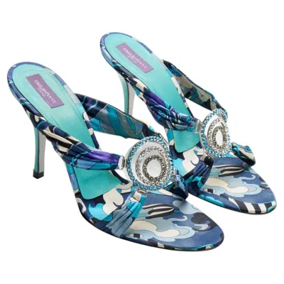Pre-owned Pucci Emilio  2000s Jeweled Blue Abstract Print Silk Heels