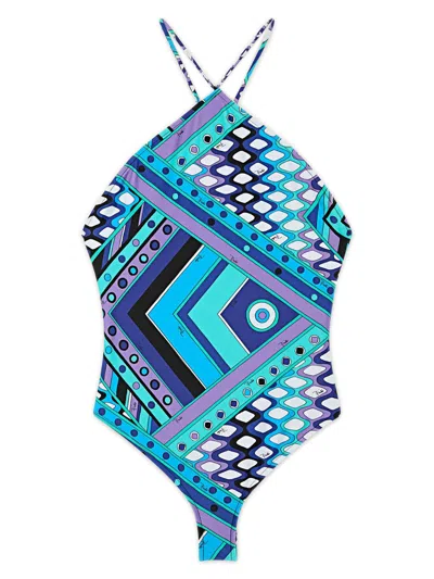 Pucci Vivara Print Halter One Piece Swimsuit In Blue