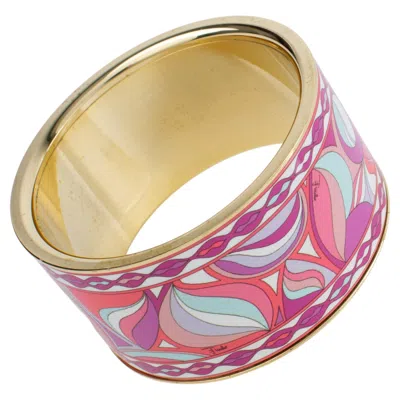 Pre-owned Pucci Emilio  Art Deco Inspired Gilded Metal Bangle Bracelet With Pink Enamel