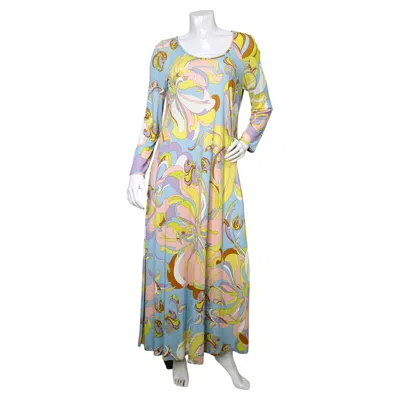 Pre-owned Pucci Emilio  Blue Aruba Print Jersey Long-sleeve Vintage Maxi Dress