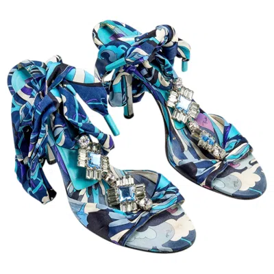 Pre-owned Pucci Emilio  Blue Silk & Silver Jewel Wrap Heels