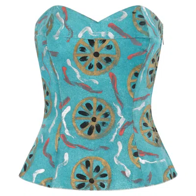 Pre-owned Pucci Emilio  C.1954 Vtg Teal Cotton Fitted Hand Painted Bustier Sun Top Rare In Green