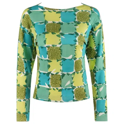 Pre-owned Pucci Emilio  C.1956 Blue Yellow Green Abstract Floral Check Print Silk Sweater