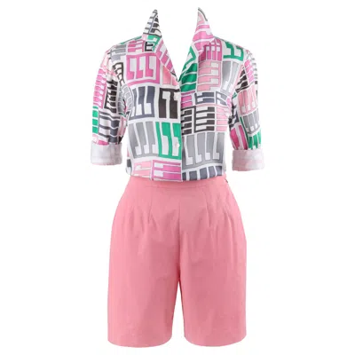 Pre-owned Pucci Emilio  C.1960's 2 Pc Pink Multi-color Tribal Button Front Shirt Shorts Set