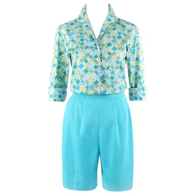 Pre-owned Pucci Emilio  C.1960's 2 Pc Teal Multi-color Geometric Button Up Shirt Shorts Set In Green