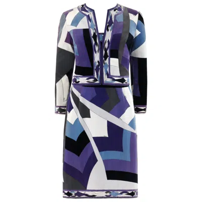 Pre-owned Pucci Emilio  C.1960's 2pc Geometric Signature Print Velveteen Dress Jacket Set In Purple