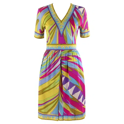 Pre-owned Pucci Emilio  C.1960's Abstract Stripe Op Art Signature Print V-neck Sheath Dress In Brown
