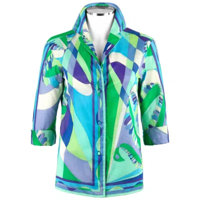 Pre-owned Pucci Emilio  C.1960's Blue Multicolor Op Art Signature Print Button Up Shirt