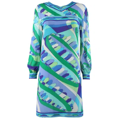 Pre-owned Pucci Emilio  C.1960's Blue Multi-color Op Art Signature Print Sheath Dress