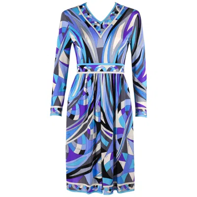 Pre-owned Pucci Emilio  C.1960's Blue Signature Print V-neckline Long Sleeve Silk Dress