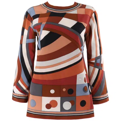 Pre-owned Pucci Emilio  C.1960's Brown Multicolor Op Art Signature Print Shirt Blouse