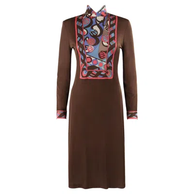 Pre-owned Pucci Emilio  C.1960's Brown Op Art Signature Print Sheath Mock Neck Midi Dress