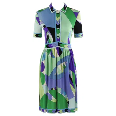 Pre-owned Pucci Emilio  C.1960's Button Front Signature Geometric Ss Silk Day Dress In Gray