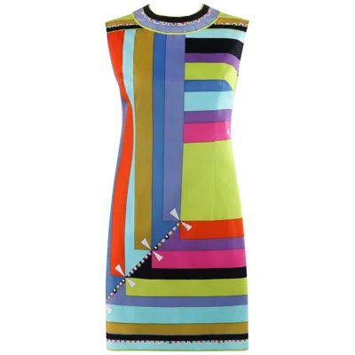 Pre-owned Pucci Emilio  C.1960's "colletti" Print Multicolor Square Sleeveless Shift Dress In Brown