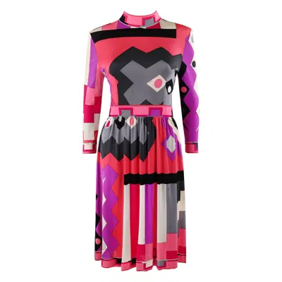 Pre-owned Pucci Emilio  C.1960's Geometric Pop Art Signature Print Silk Fit N Flare Dress In Pink